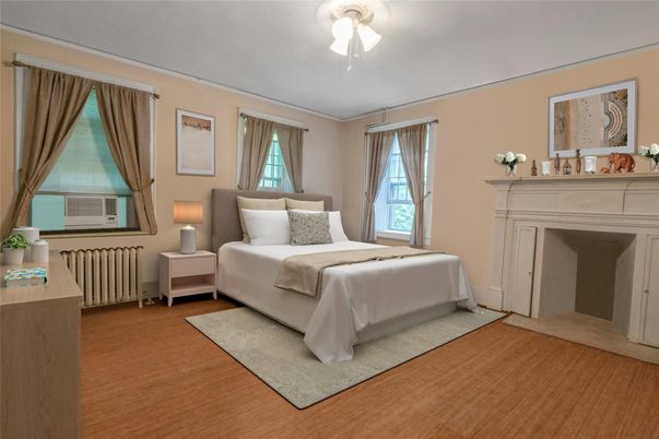 Bedroom, Fireplace, Interior, Wood Texture Flooring