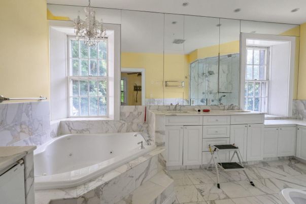Bathroom, Chandelier, Dual Sink Vanities, Interior, Marble, Marble Walls
