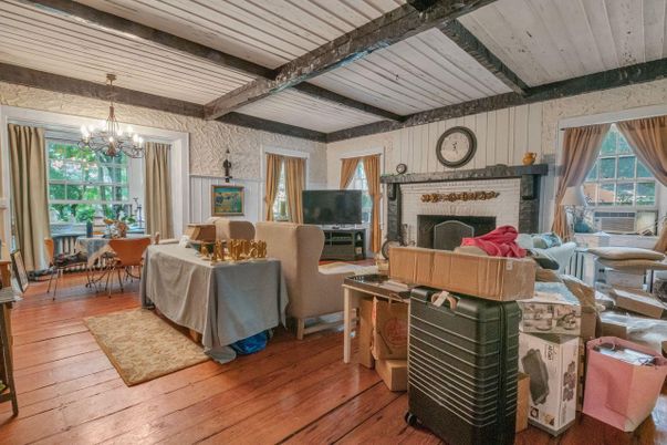 Chandelier, Dining room, Fireplace, Interior, Living room, Wooden Beams, Wood Texture Flooring