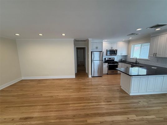 Interior, Kitchen, Recessed Lighting, Stainless Steel Appliances, Wood Texture Flooring