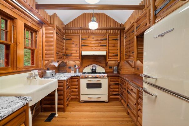 Interior, Kitchen, Pendant Lights, Wood Texture Flooring, Wooden Walls