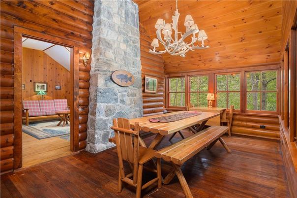 Chandelier, Dining room, Interior, Stone Walls, Wooden Ceilings, Wood Texture Flooring, Wooden Walls