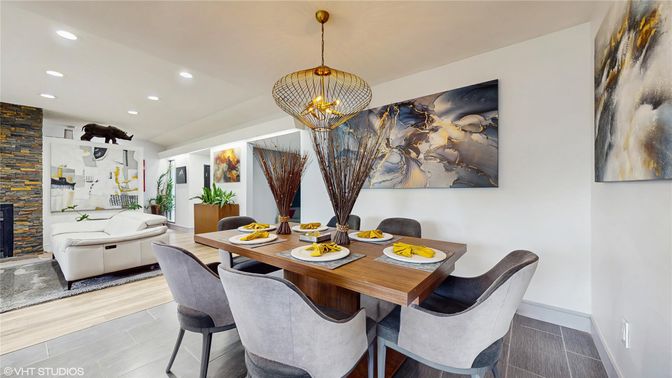 Chandelier, Dining room, Interior, Pendant Lights, Recessed Lighting, Wood Texture Flooring