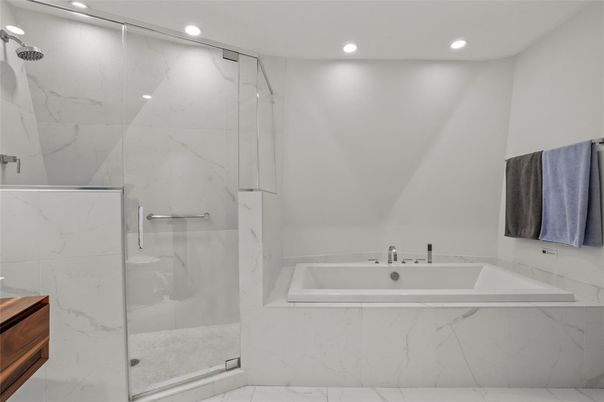 Bathroom, Glass Shower, Interior, Marble Walls, Recessed Lighting