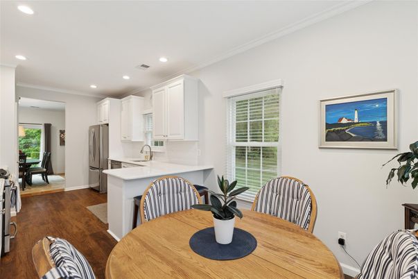 Dining room, Interior, Kitchen, Recessed Lighting, Wood Texture Flooring