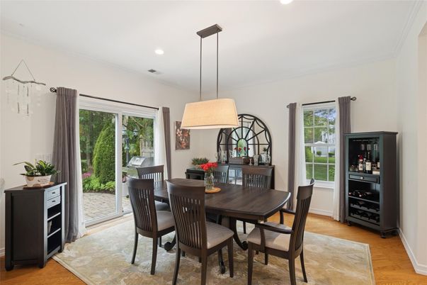 Dining room, Interior, Pendant Lights, Recessed Lighting, Wood Texture Flooring
