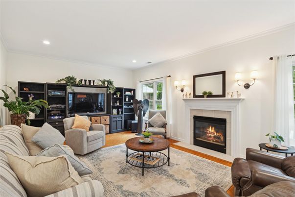 Fireplace, Interior, Living room, Recessed Lighting, Wood Texture Flooring