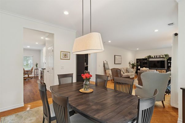 Dining room, Interior, Living room, Pendant Lights, Recessed Lighting, Wood Texture Flooring