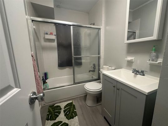 Bathroom, Glass Shower, Interior, Wood Texture Flooring