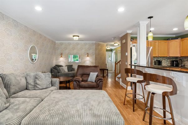 Interior, Kitchen, Living room, Pendant Lights, Recessed Lighting, Wood Texture Flooring