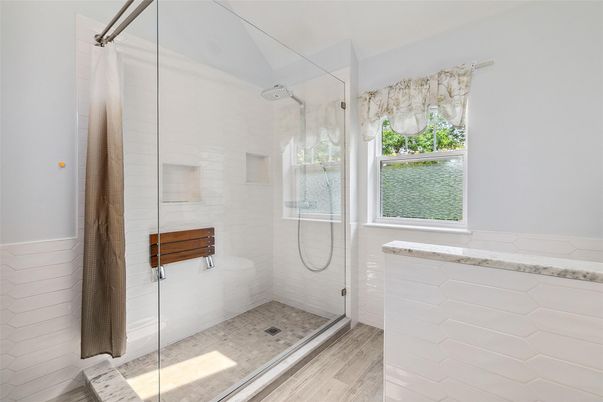 Bathroom, Glass Shower, Interior, Wood Texture Flooring
