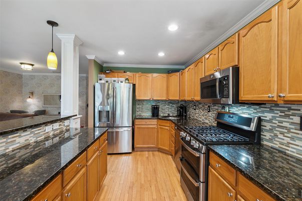 Interior, Kitchen, Pendant Lights, Recessed Lighting, Stainless Steel Appliances, Wood Texture Flooring