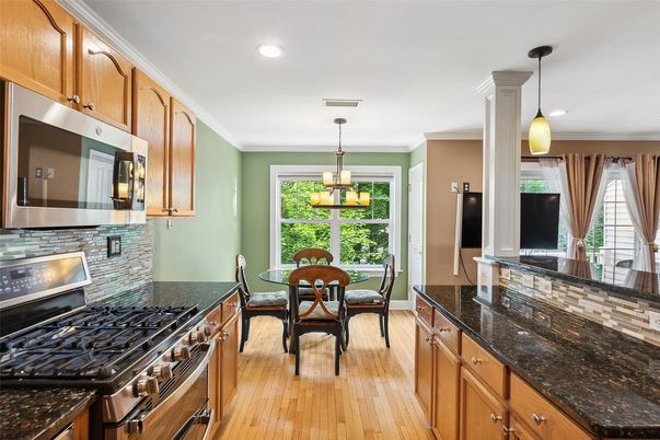 Dining room, Interior, Kitchen, Pendant Lights, Recessed Lighting, Wood Texture Flooring