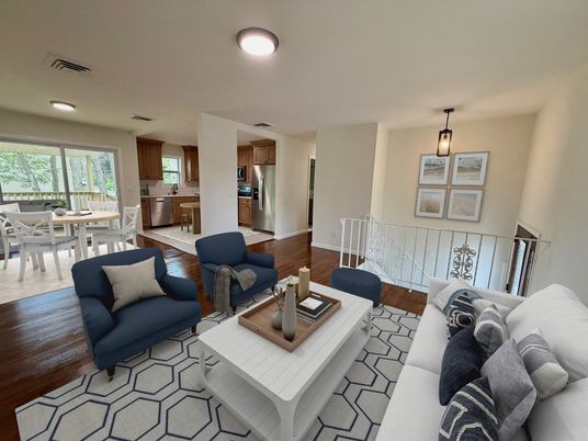 Dining room, Interior, Kitchen, Living room, Pendant Lights, Recessed Lighting, Stainless Steel Appliances, Wood Texture Flooring