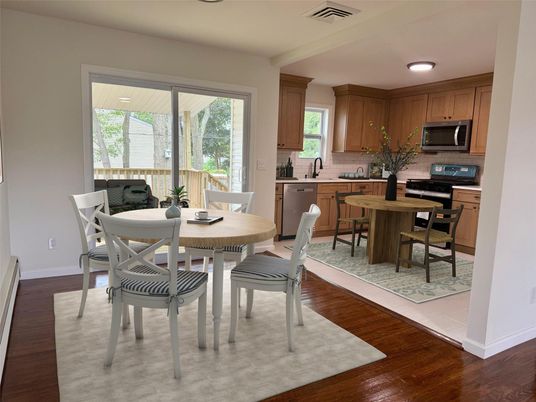 Dining room, Interior, Kitchen, Recessed Lighting, Stainless Steel Appliances, Wood Texture Flooring