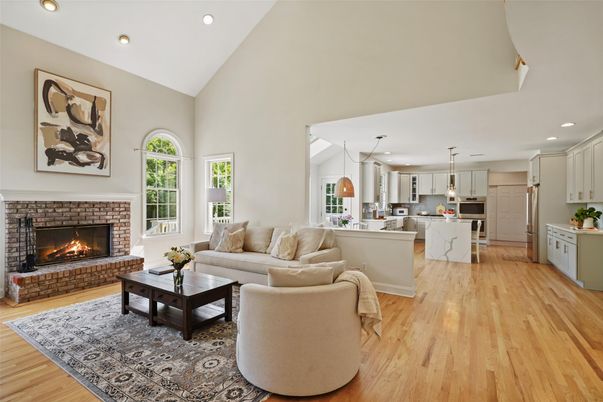 Fireplace, Interior, Kitchen, Living room, Pendant Lights, Recessed Lighting, Wood Texture Flooring