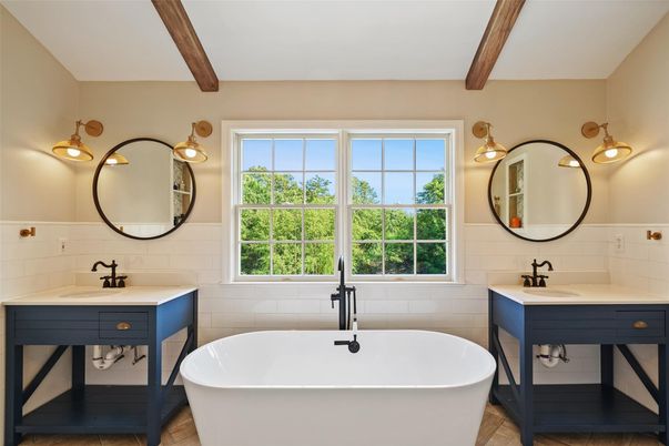 Bathroom, Dual Sink Vanities, Free Standing Baths, Interior, Wooden Beams, Wood Texture Flooring