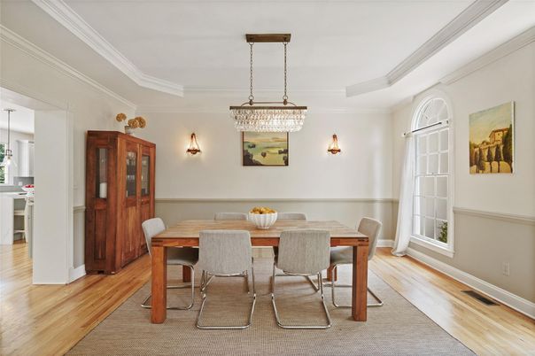 Chandelier, Dining room, Interior, Pendant Lights, Wood Texture Flooring
