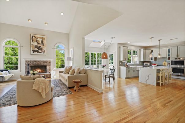 Dining room, Fireplace, Interior, Kitchen, Living room, Pendant Lights, Recessed Lighting, Wood Texture Flooring