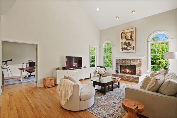 Fireplace, Interior, Living room, Recessed Lighting, Wood Texture Flooring