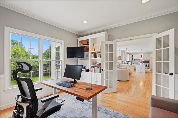 Home Office, Interior, Kitchen, Pendant Lights, Recessed Lighting, Wood Texture Flooring