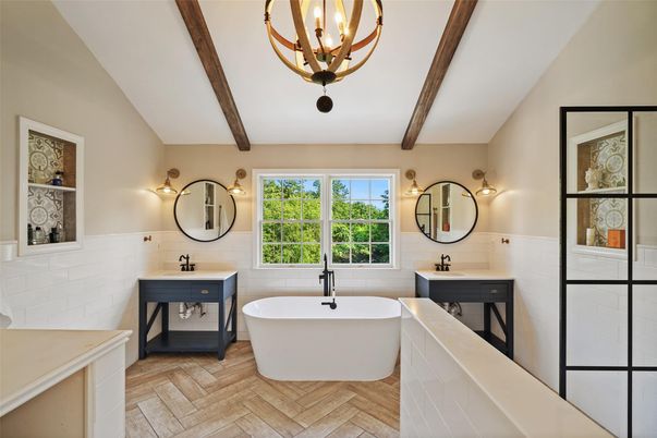 Bathroom, Chandelier, Dual Sink Vanities, Free Standing Baths, Interior, Wooden Beams, Wood Texture Flooring