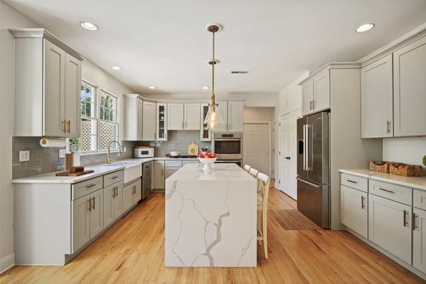 Interior, Kitchen, Pendant Lights, Recessed Lighting, Stainless Steel Appliances, Wood Texture Flooring