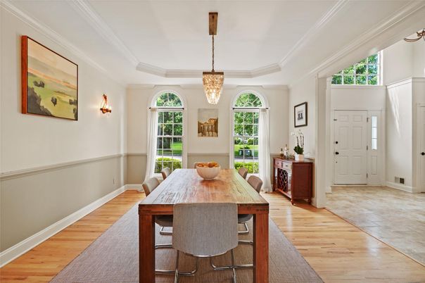 Dining room, Interior, Pendant Lights, Wood Texture Flooring