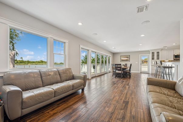 Dining room, Interior, Kitchen, Living room, Recessed Lighting, Wood Texture Flooring