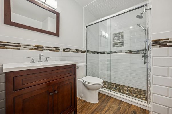 Bathroom, Glass Shower, Interior, Wood Texture Flooring