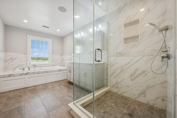 Bathroom, Glass Shower, Interior, Marble Walls, Recessed Lighting