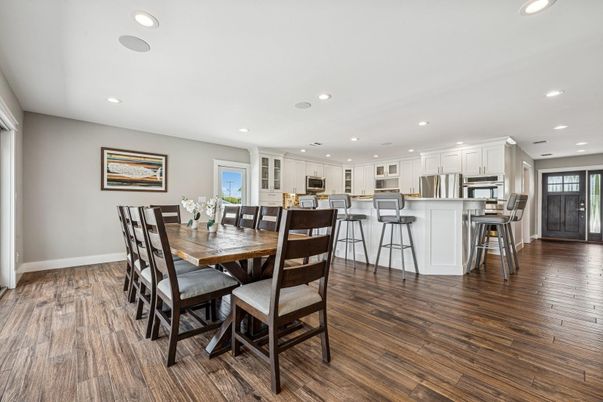 Dining room, Interior, Kitchen, Recessed Lighting, Stainless Steel Appliances, Wood Texture Flooring