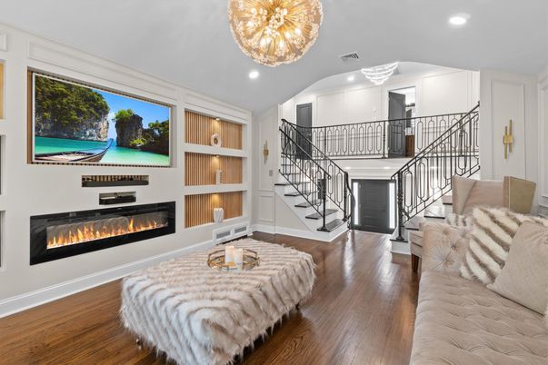 Chandelier, Fireplace, Interior, Living room, Recessed Lighting, Wood Texture Flooring