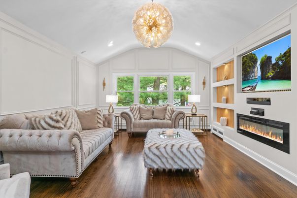 Fireplace, Interior, Living room, Recessed Lighting, Wood Texture Flooring