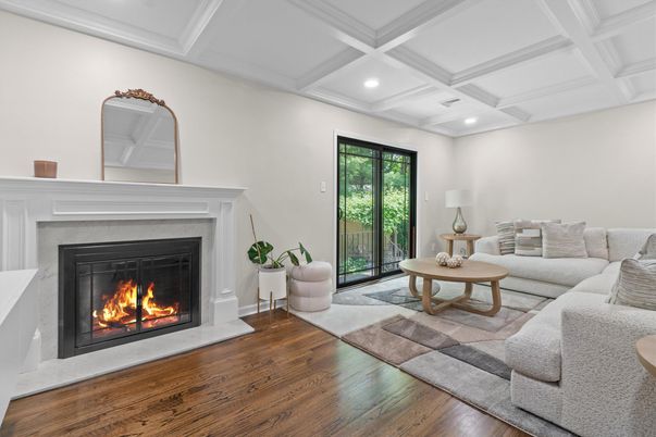 Fireplace, Interior, Living room, Recessed Lighting, Wood Texture Flooring