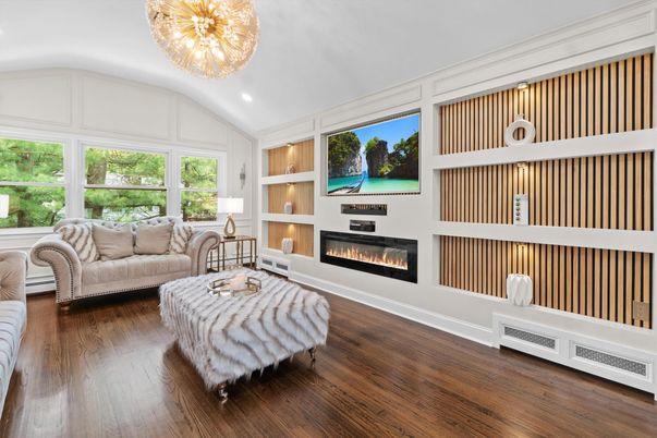Chandelier, Fireplace, Interior, Living room, Recessed Lighting, Wood Texture Flooring