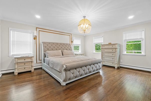Bedroom, Chandelier, Interior, Recessed Lighting, Wood Texture Flooring