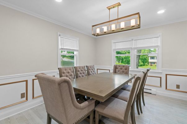 Dining room, Interior, Pendant Lights, Recessed Lighting, Wood Texture Flooring
