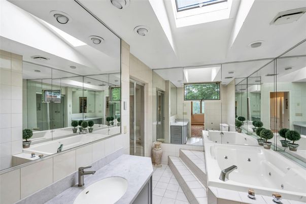 Bathroom, Dual Sink Vanities, Glass Ceilings, Glass Shower, Interior, Recessed Lighting