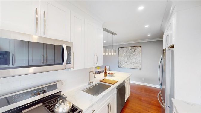 Interior, Kitchen, Pendant Lights, Recessed Lighting, Stainless Steel Appliances, Wood Texture Flooring