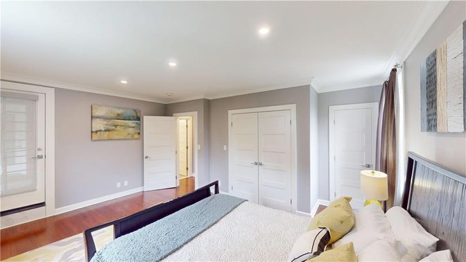 Bedroom, Interior, Recessed Lighting, Wood Texture Flooring