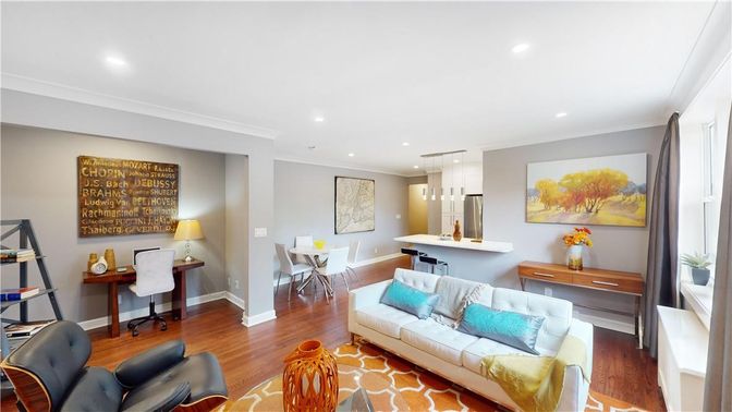 Home Office, Interior, Living room, Pendant Lights, Recessed Lighting, Wood Texture Flooring