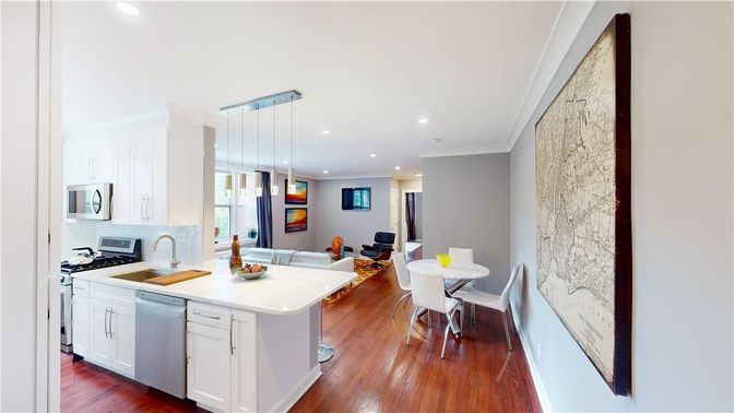 Dining room, Interior, Kitchen, Living room, Pendant Lights, Recessed Lighting, Stainless Steel Appliances, Wood Texture Flooring