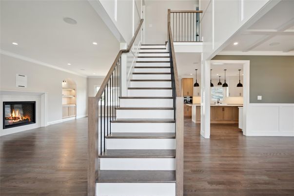 Fireplace, Interior, Pendant Lights, Recessed Lighting, Wood Texture Flooring