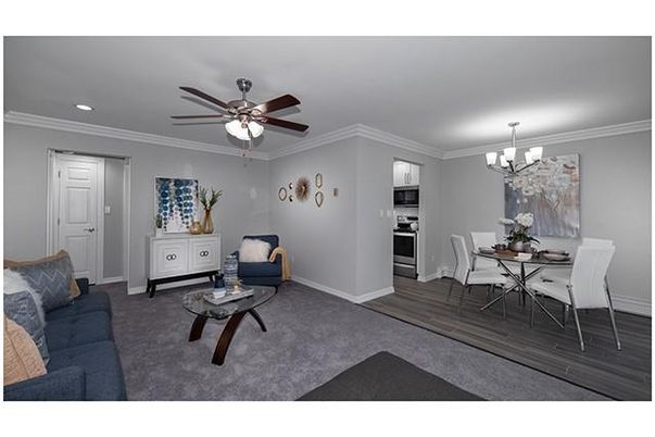 Chandelier, Dining room, Interior, Kitchen, Living room, Recessed Lighting, Stainless Steel Appliances, Wood Texture Flooring