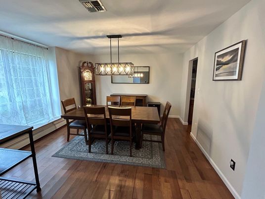 Dining room, Interior, Pendant Lights, Wood Texture Flooring