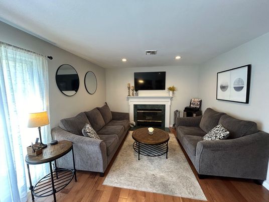 Fireplace, Interior, Living room, Recessed Lighting, Wood Texture Flooring