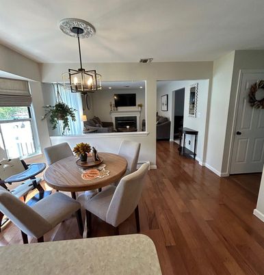 Dining room, Fireplace, Interior, Living room, Pendant Lights, Wood Texture Flooring