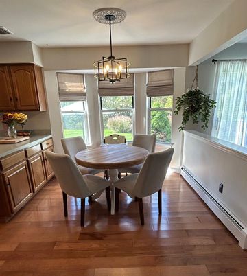 Chandelier, Dining room, Interior, Wood Texture Flooring