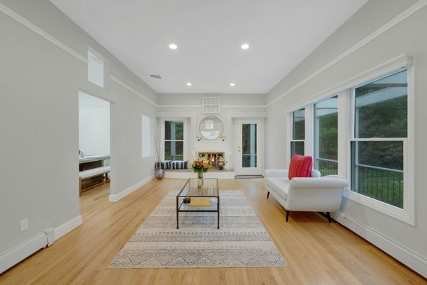 Fireplace, Interior, Living room, Recessed Lighting, Wood Texture Flooring